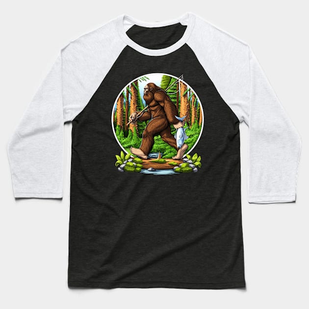 Bigfoot Fishing Baseball T-Shirt by underheaven